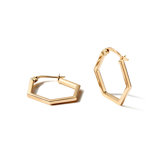 hexagon earrings, polished gold hoops, gold hexagon earring, modern gold hoop, real gold hoops, modern hoop earrings, solid gold hoops, solid gold earrings, solid gold earrings, yellow rose white, 14k gold earrings, geometric earrings, gold geometric hoops, 