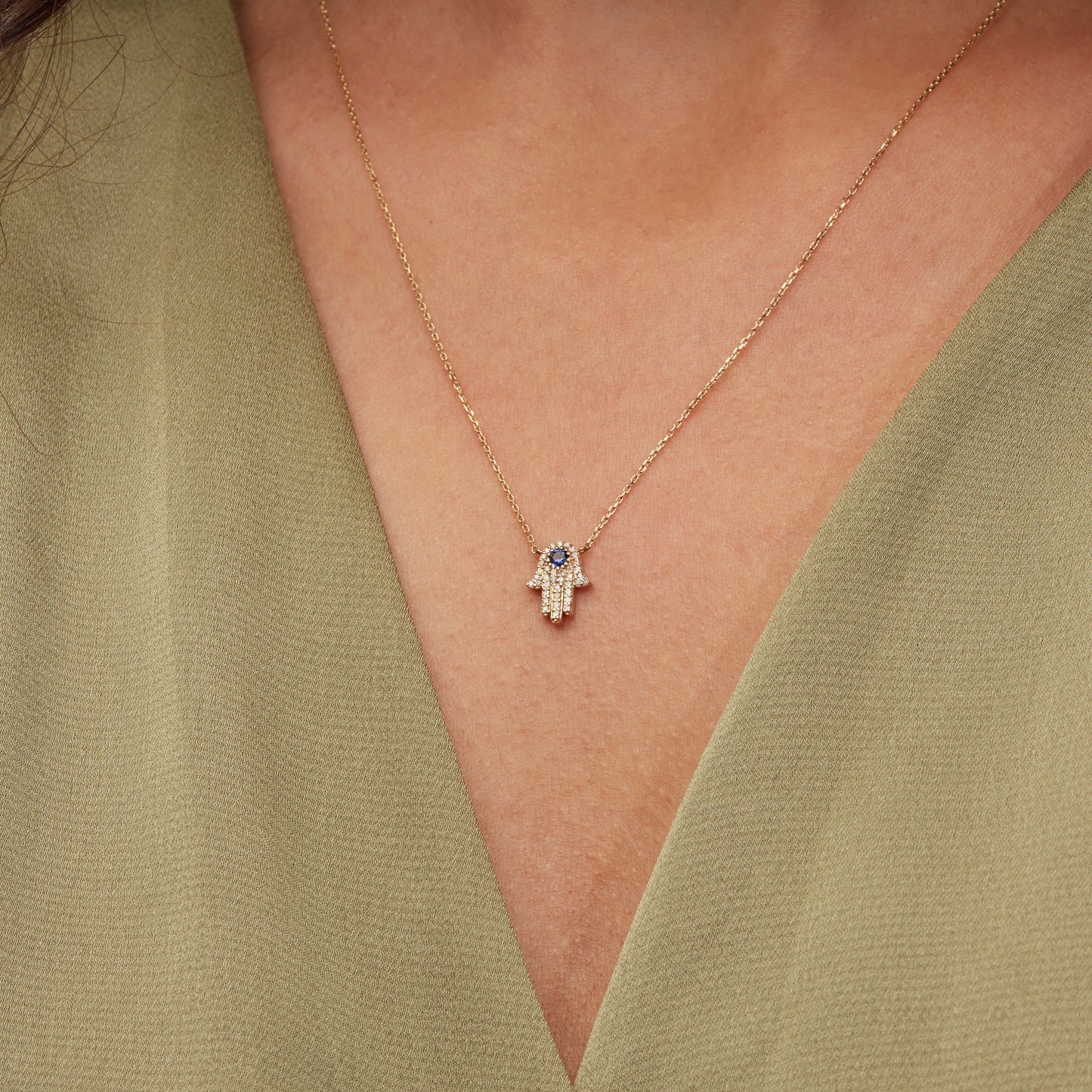 Diamond Hamsa Hand Sapphire Necklace